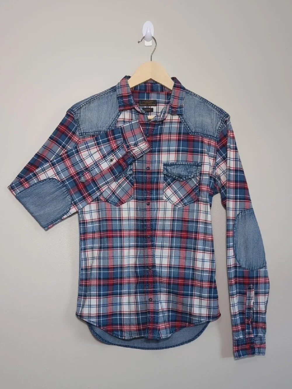 Zara Man‎ Slim Fit Plaid Button-Up Shirt Denim Red White Blue 4th of July SM/MED